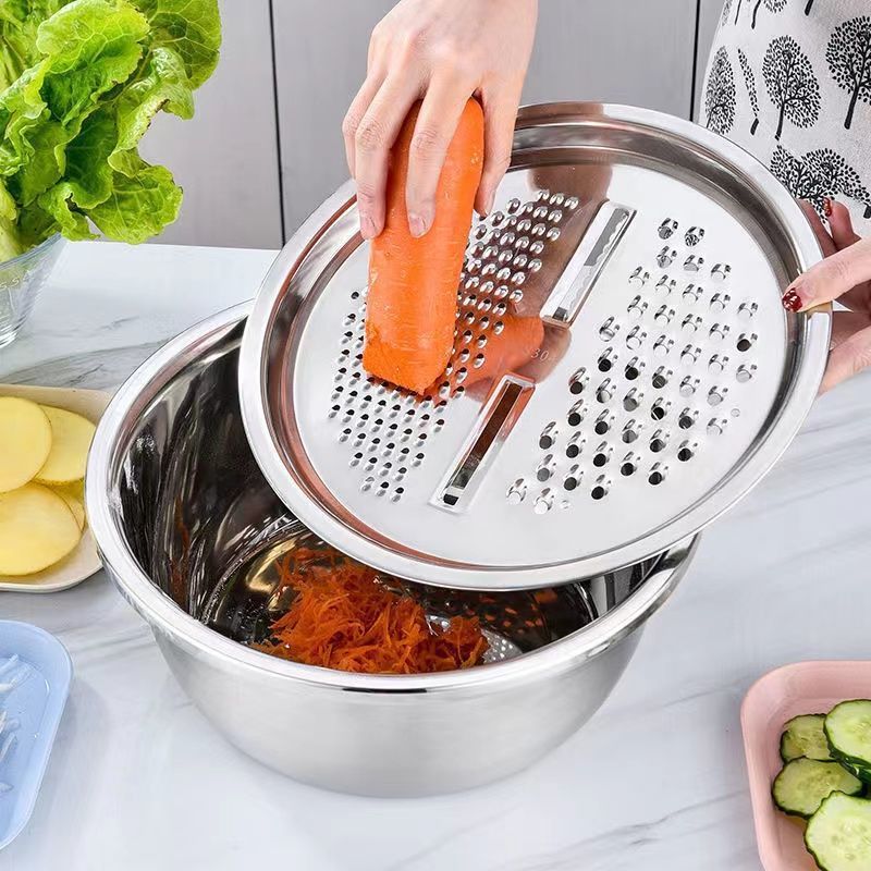 Cuenca de raspador de acero inoxidable cuenca de filtro multifuncional de cocina de cocina cuenca de tamiz de corte de platos de fábrica directa
