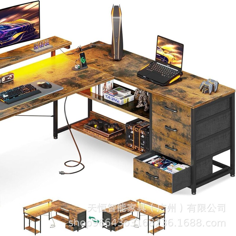 L Shaped Desk with Drawers Computer Desk with Power Outlet and Led Lights for Home Office