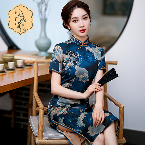 Retro Chinese Dress oriental Cheongsam for women long split party ink blue cheongsam improved qipao dress 