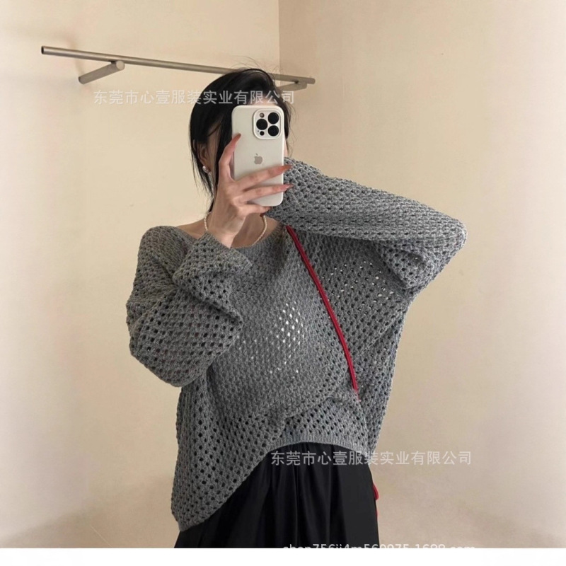 2025跨境早秋短款镂空罩衫上衣女新款设计感慵懒长袖T恤针织衫|undefined