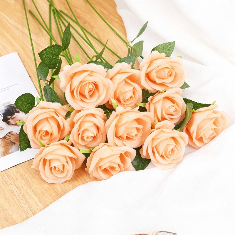 Simulación de flores de rosa única rosa de San Valentín boda en el hogar flores falsas flores artificiales sensación de tela de terciopelo rosa
