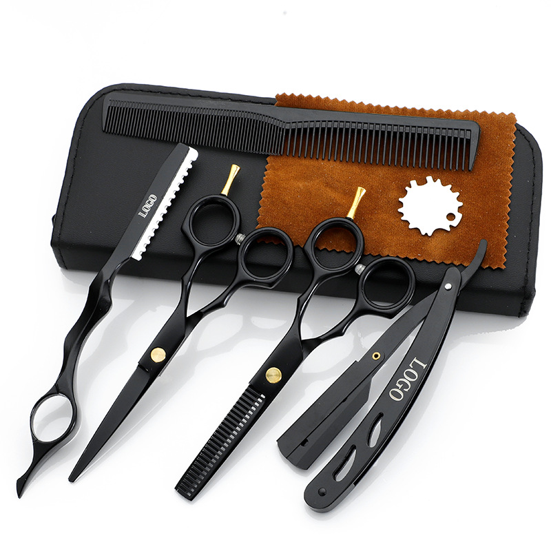 5.5英寸黑色烤漆理发剪平刘海剪牙剪 打薄支持logo美发剪刀