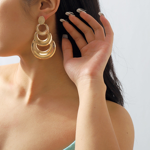 11505 European and American style exaggerated multi-layered round pendant earrings, retro geometric hollow splicing design earrings