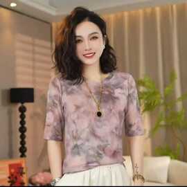一件代发2025夏季新款时尚圆领薄款透气显瘦洋气 T恤弹力网纱女