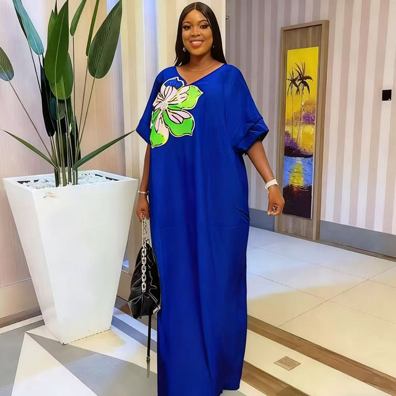 Foreign Trade Plus Size Women's Loose Version Sequin Embroider Large Flower Casual T-Shirt Dress Short-Sleeved Mid-Length Shirt Dress for Women