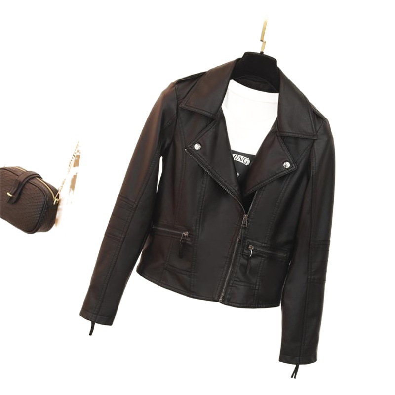 2023 spring leather women's lapel PU wash leather locomotive women's short coat a generation of hair
