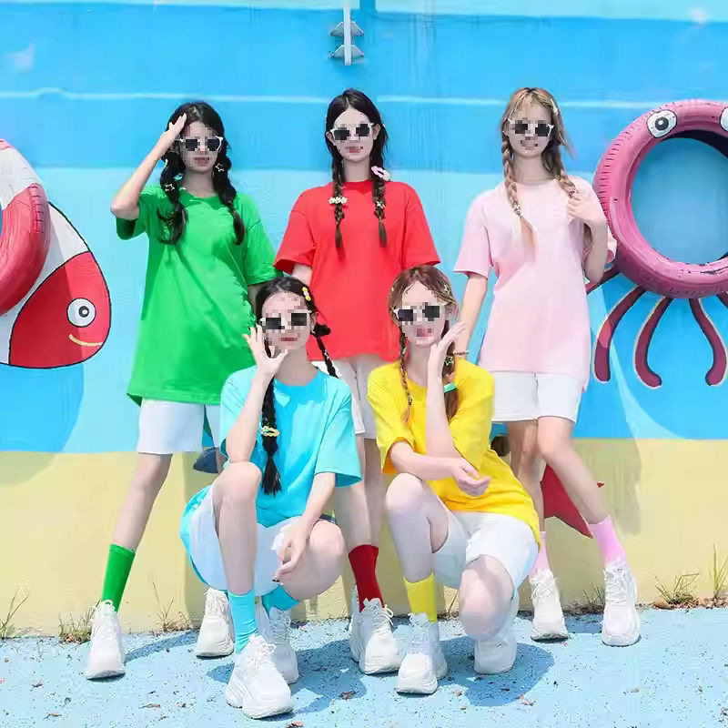 New Korean-Style Team Uniform Set for Sisters and Best Friends, Loose Candy-Colored Cotton Short-Sleeve Dopamine T-Shirt for Women