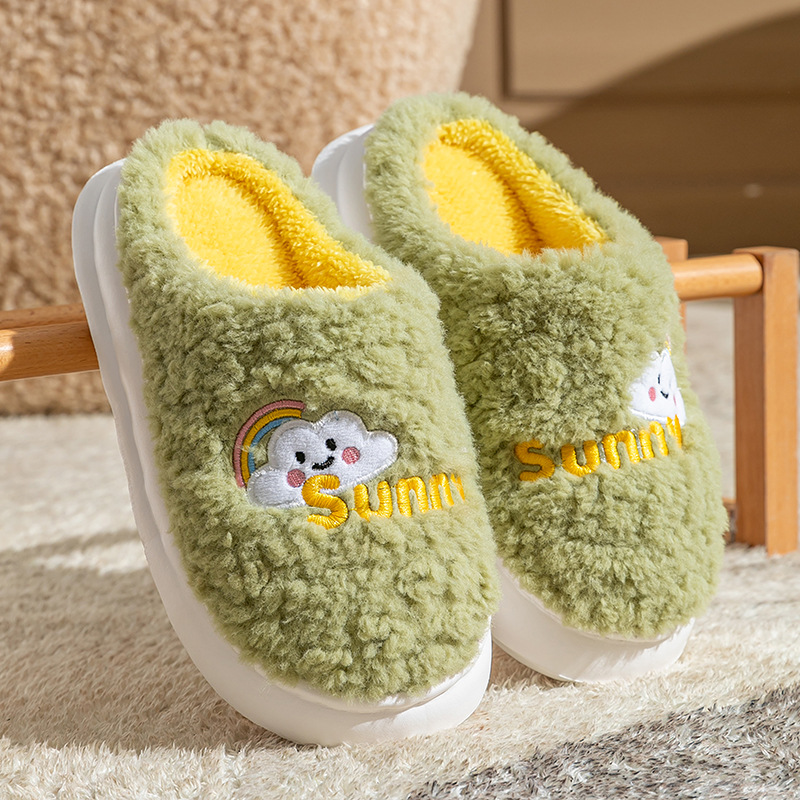 Hermosas zapatillas de algodón de oveja casera pareja de cabeza caliente antideslizante fondo grueso pisar mierda sensación de invierno peludo zapatillas