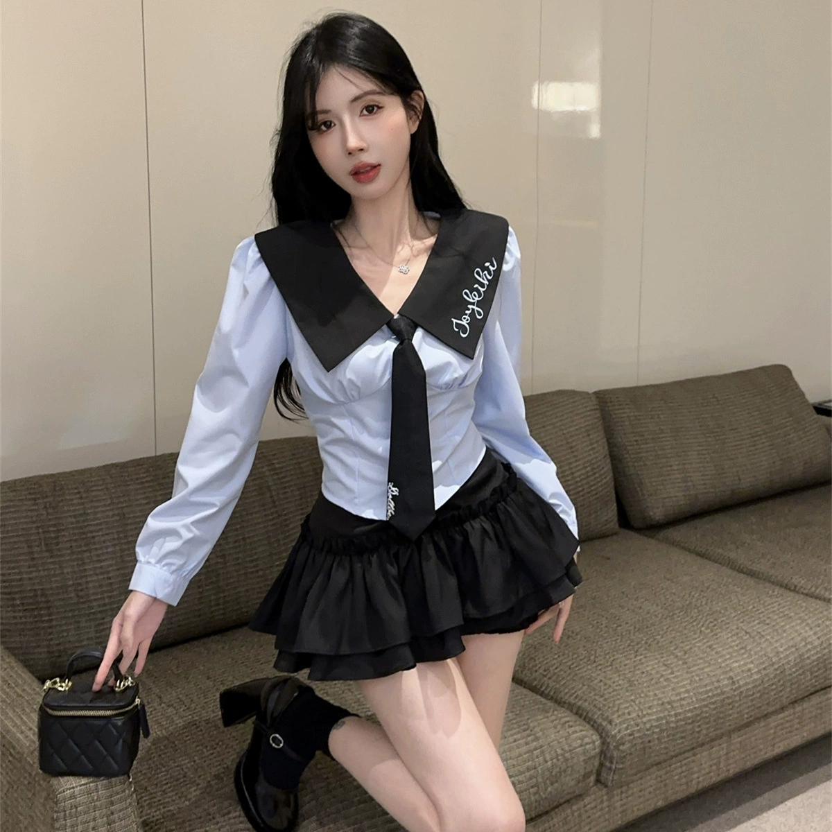 Корейская версия сладкого и пряного колледжа стиль jk униформа набор с длинными рукавами галстук топ с высокой талией торт брюки юбка из двух частей женская осень