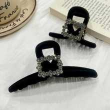 高级感方形水钻植绒抓夹精致黑色丝绒鲨鱼夹小香风后脑勺发夹头饰