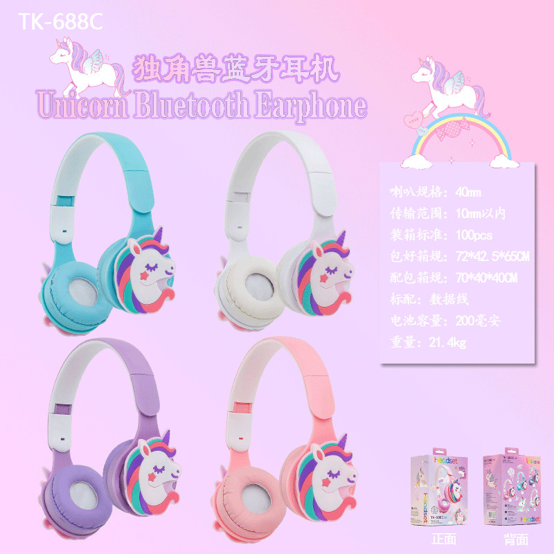 in stock wholesale TK688C unicorn cartoon cute children private model stereo folding headset bluetooth headset