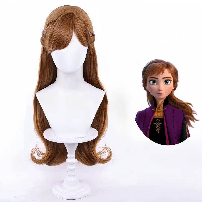 Silk Yi Frozen 2 Princess Anna Cosplay Wig Braided Long Curly Hair Artificial Full Headgear
