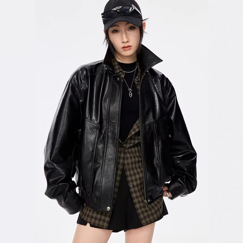 Trendy Haining Leather Jacket for Women 2026 Spring Waxed Vegetable-Tanned Sheepskin Genuine Leather Black Workwear Jacket