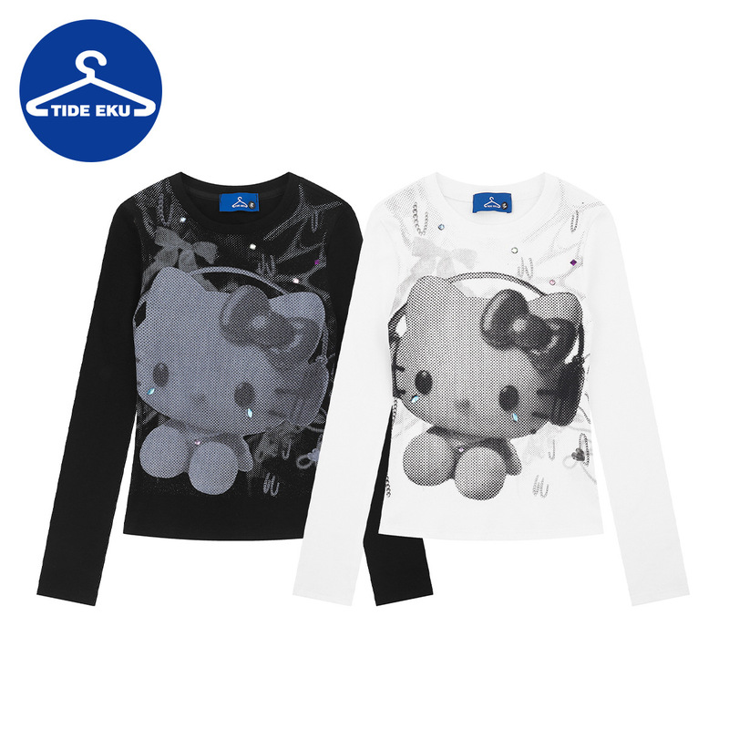 2025 New Hello Kitty Printed Women's Sweatshirt Cartoon Cute Base Shirt Loose Long-Sleeved Autumn Clothing Wholesale