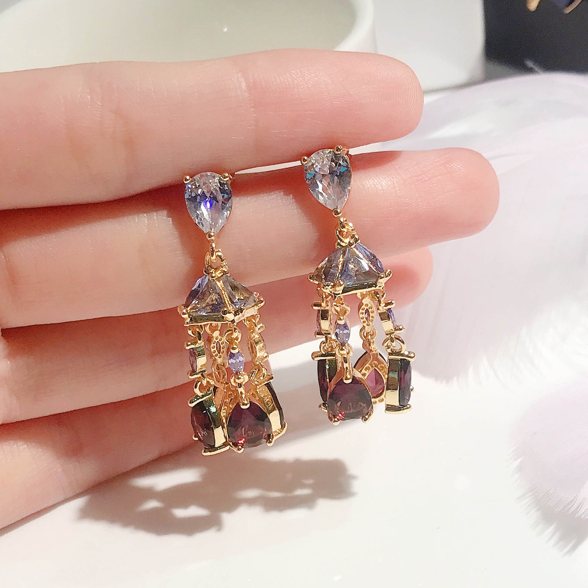 Amethyst Wind Chime Earrings Retro Tassel Copper Earrings display picture 2