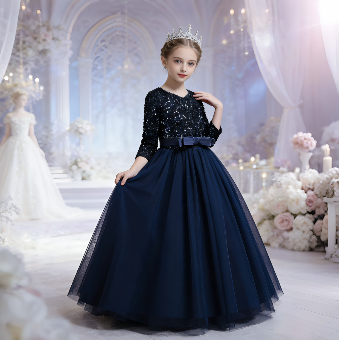 Niñas otoño nuevo comercio exterior de los niños vestido de princesa vestido pequeño anfitrión vestido de lentejuelas malla vestido de novia pettiskirt