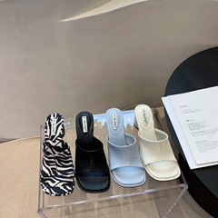 869-2~2024年夏季新款粗跟方頭露趾法式氣質仙女高跟涼拖鞋女外穿