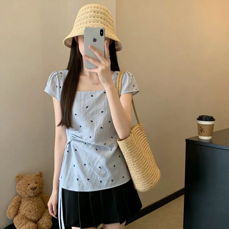 Plus-Size Sweet Girly Style Heart-Shaped Short-Sleeve Shirt for Women, Summer Korean-Style Square-Neck Irregular Tie-Up Top for Chubby Girls