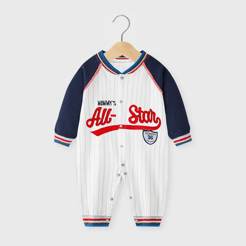 Fashionable and cute baby clothes, Internet celebrity baby jumpsuits, spring and autumn long-sleeved baseball uniforms, pure cotton romper suits for boys