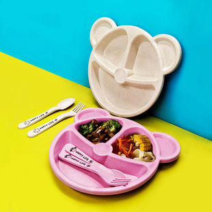 Export Wheat Straw Cartoon Bear Kidsren's Divided Plate Creative Kindergarten Student Tableware Set 3-Piece Set