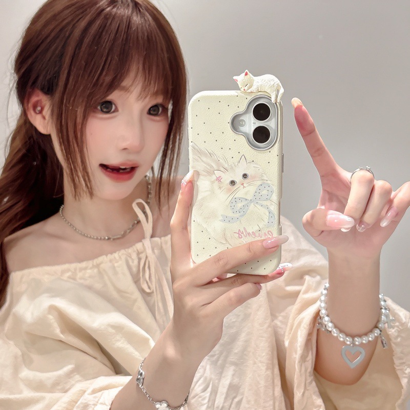 Estilo ins lindo lunares gato 16ProMax chica 13 funda para teléfono móvil para Apple 15P estéreo iPhone14