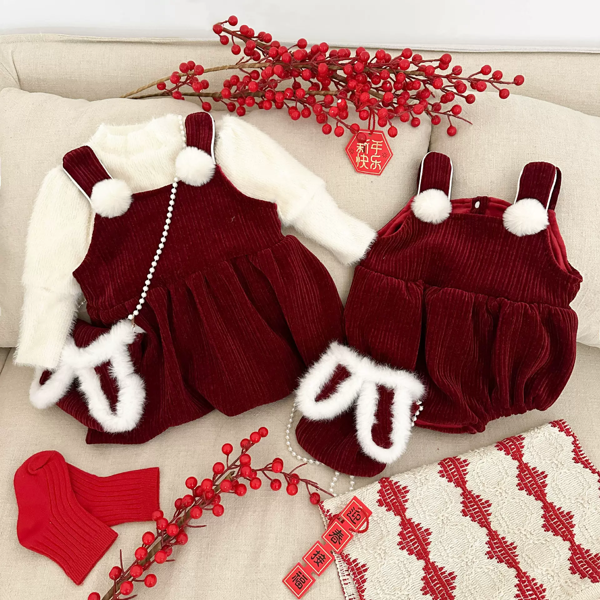 周岁女宝宝礼服女童加绒套装背带裙秋冬婴儿过年喜庆衣服公主裙子