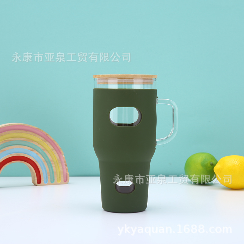 32oz vasos de vidrio transfronterizos con mango de gran capacidad portátil al aire libre cubierta de bambú cubierta de hielo con cubierta de automóvil al por mayor