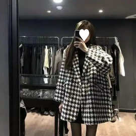 复合毛呢千鸟格子外套女秋冬季新款韩版宽松休闲加厚中长款大衣女