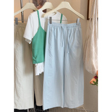 四季青夏季新款日系文艺松紧腰抽绳休闲阔腿裤宽松九分裤女装批发