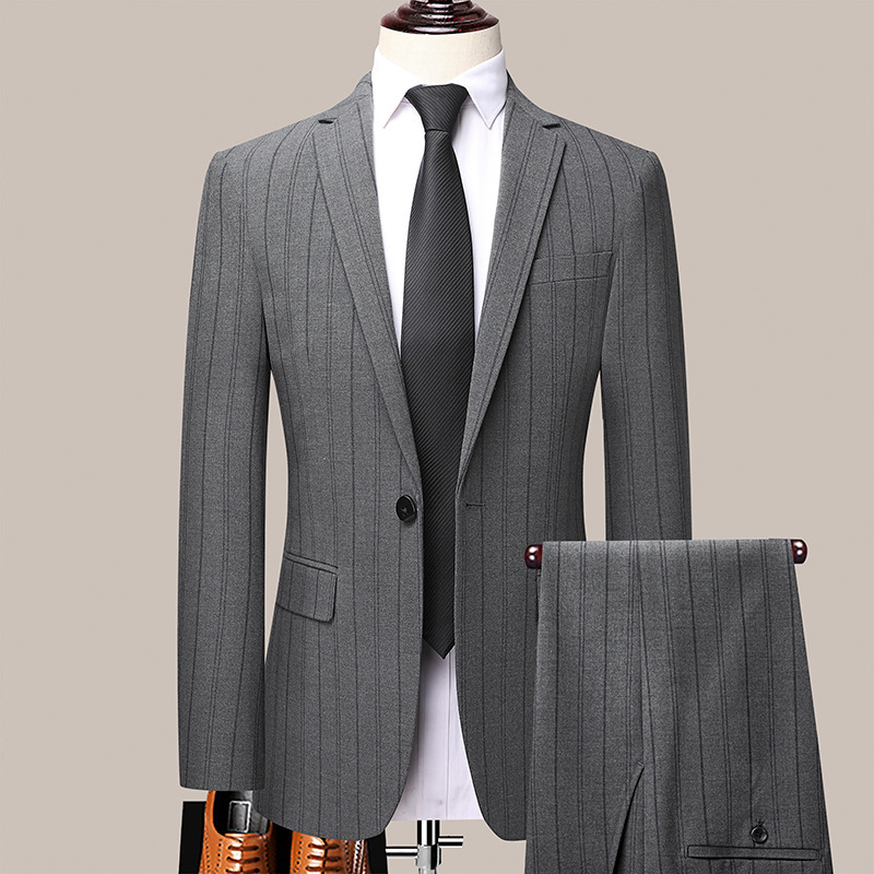 Spring and Autumn Striped Casual Business Suit Men's Slim Versatile Men's Two-Piece Suit Wedding Groomsmen Business