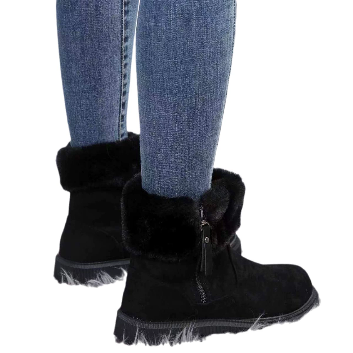 Women’s winter ankle boots, warm faux‑fur cuff, chunky tread sole, sizes 36–42