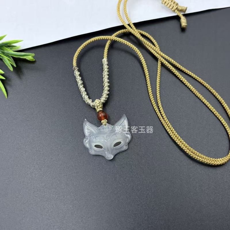 新款天然玛瑙玉髓狐狸面罩项链国风美学狐狸蓝玉髓吊坠玉石饰品|undefined