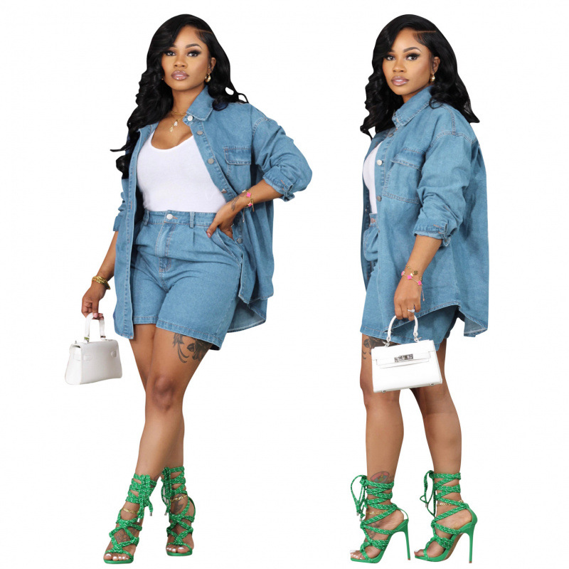 Completo da donna in denim con giacca e pantaloncini, due pezzi, AL250, fornitura per i mercati europei e americani, abbigliamento autunnale_voghion.com