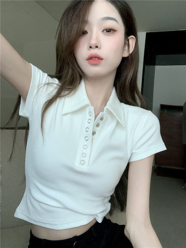 White Polo Collar Short-Sleeve T-Shirt for Women - Summer Design, Unique and Chic, Sweet and Spicy Style, Short Length, Fitted and Slimming Top