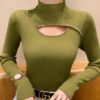 Hollow out half high neckline studded with diamond base shirt