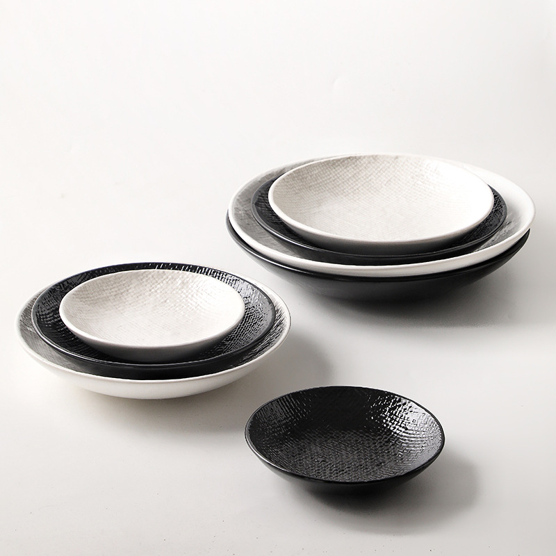 Plato profundo redondo en relieve de tela, plato de ensalada, plato de sopa occidental, plato de frutas retrógradas caseras, plato de platos de alto valor facial