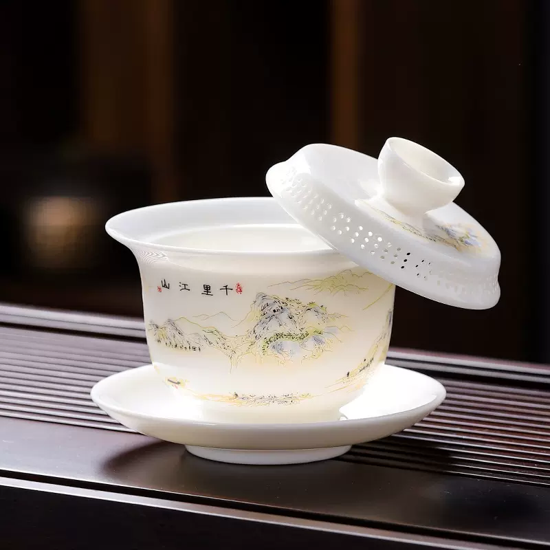 羊脂玉可悬停三才盖碗家用功夫茶具防烫泡茶器360°出水可定logo