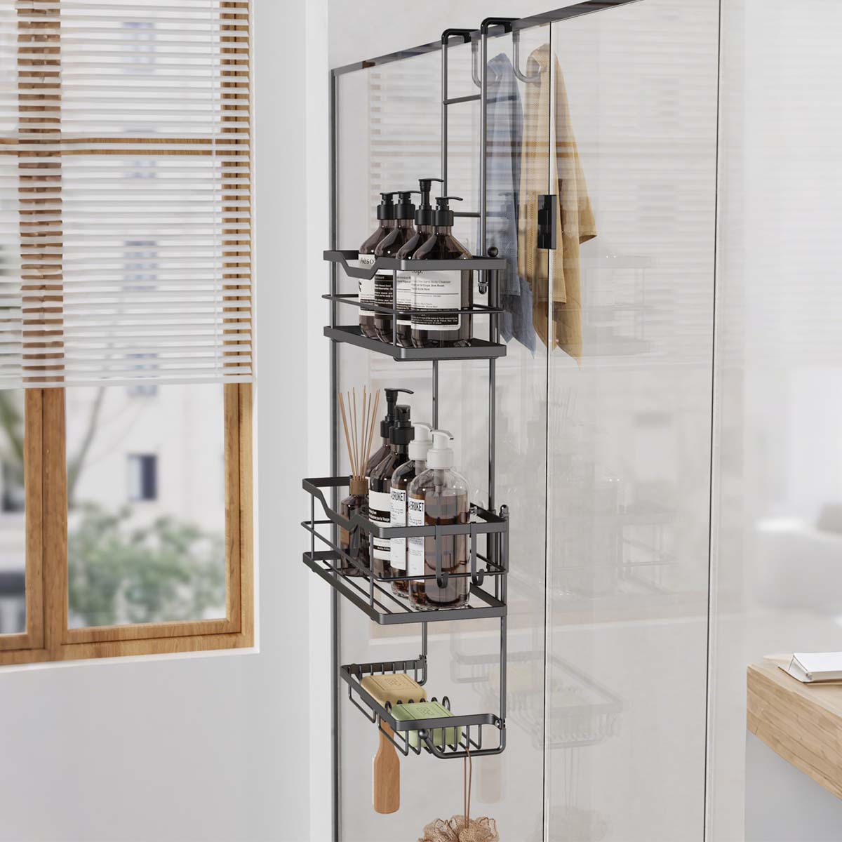 Puerta de baño transfronteriza estante trasero inodoro seco y húmedo desmontable gel de ducha sin perforación estante de jabón artefacto de almacenamiento