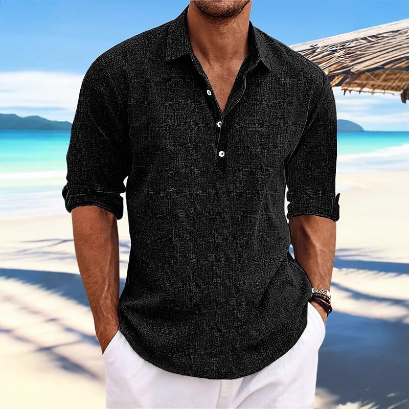 Spring/Summer Men's Fashionable Loose-Fitting Casual Long-Sleeved Collar Shirt With Buttoned Flap Collar_viptrois.com