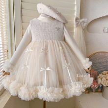 2025新款秋冬女童加绒打底上衣加绒无袖蝴蝶结网纱连衣裙两件套