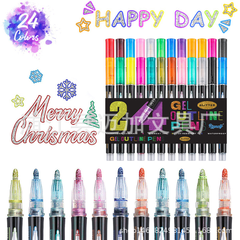 Cross-border Amazon popular doble línea esquema pluma metal traje de 36 colores Internet celebridad marcador fluorescente marcador pluma al por mayor