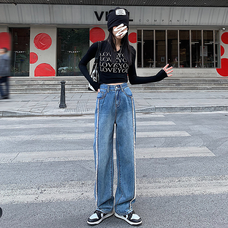 2022春季新款拼接毛边宽松直筒牛仔裤女Women Jeans