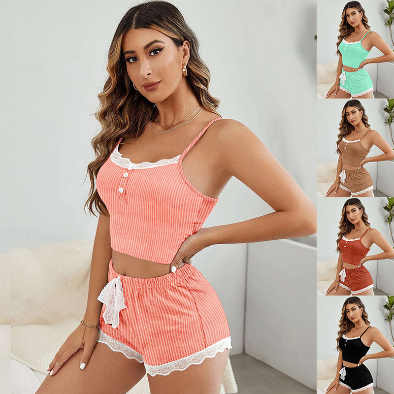 Cross-Border Foreign Trade Supply Sexy Camisole Shorts Women's Pajamas Ribbed Loungewear Set Wholesale in Stock