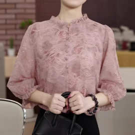 2026新款高级感时尚木耳边衬衫女夏季洋气减龄百搭七分袖小衫上衣