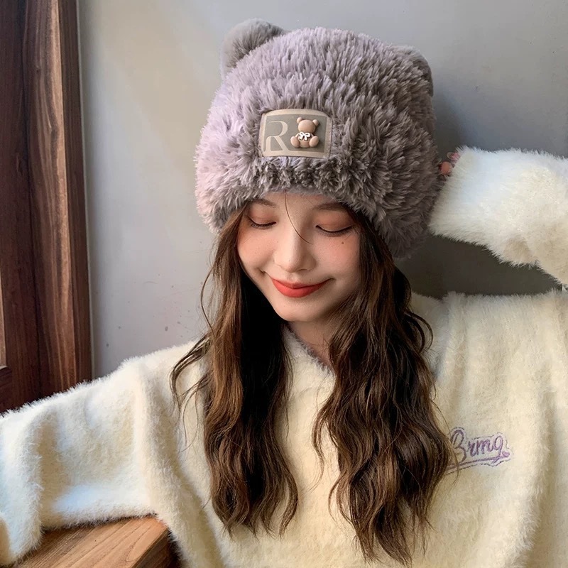 女性の冬の韓国のかわいいクマの帽子ぬいぐるみニット帽子厚く暖かい耳保護防寒防風プルオーバー帽子|undefined