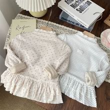 女童秋冬圆点打底衫小碎花半高领加绒裙式花边女宝加绒内搭上潮流