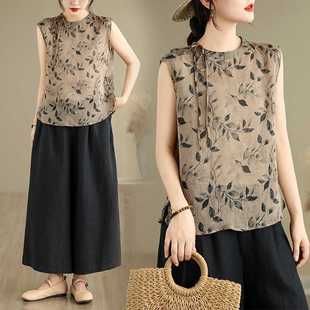 Real Shot~Fashion Retro Versatile Ramie Floral Shirt Loose Slimming Look Outer Vest Vest Sleeveless Top Trendy