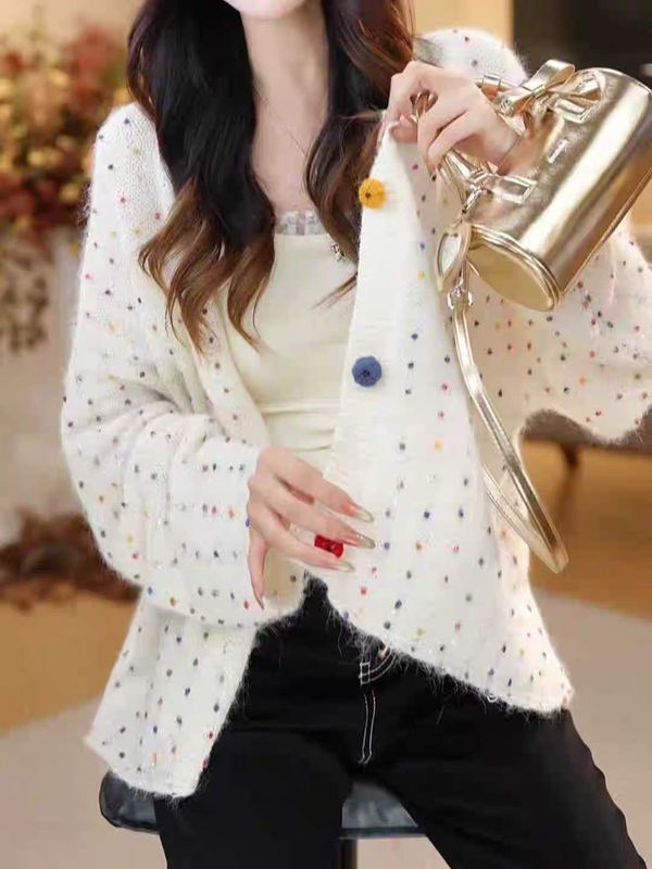 韩系彩色毛球针织开衫毛衣女2025秋季新款宽松慵懒松弛感小众上衣|undefined
