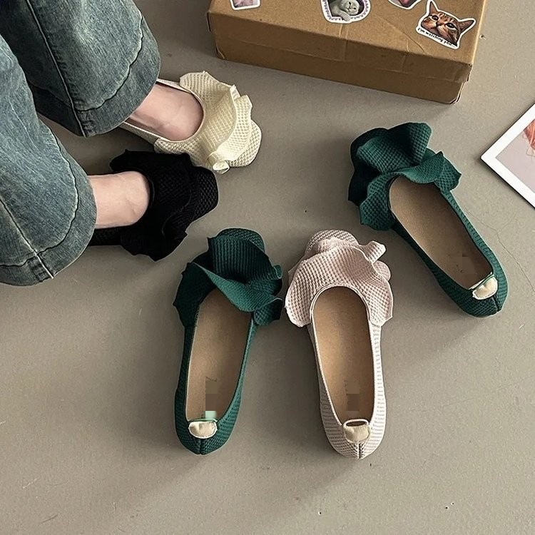 Suela blanda francesa de punto cómodo borde de loto zapatos abuela 2026 nuevo verano con falda ballet zapatos planos para mujeres