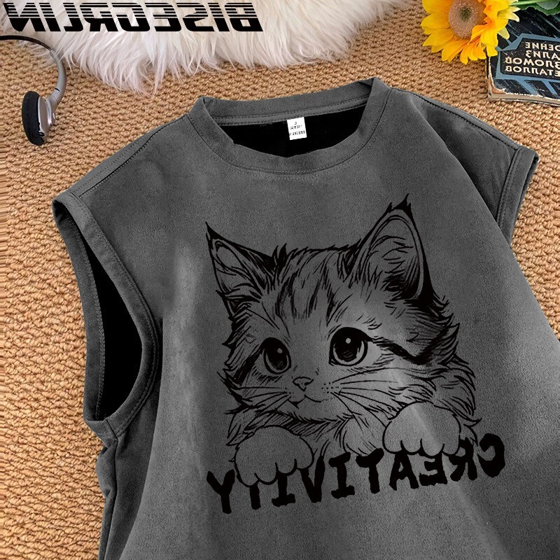 American Retro Summer Suede Outer Vest Hong Kong Style Cute Mimi Men's and Women's Sleeveless T-Shirts Couple Tops